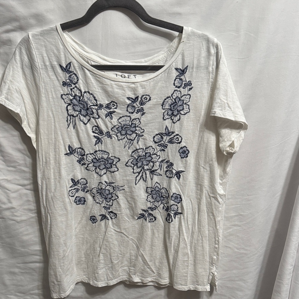 LOFT Ivory Tee with Navy Floral Embroidery